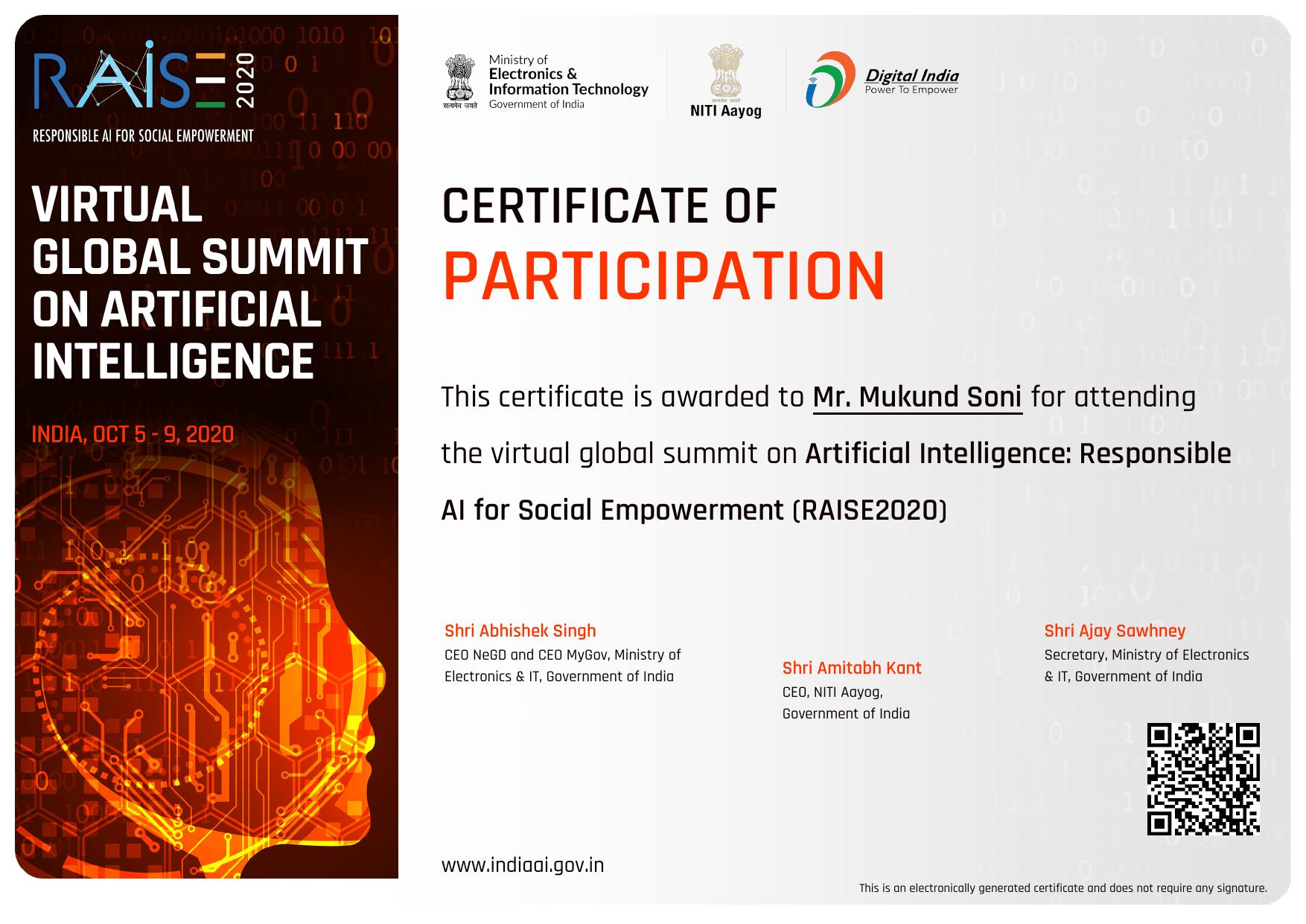 RAISE 2020 Global AI Summit Certificate